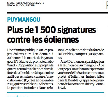 Puymangou Plus de 1500 signatures contre les éoliennes
